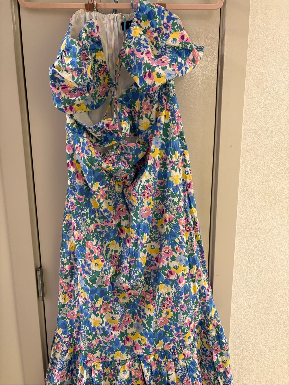 Lulu's Blue Floral Ruffle Midi Dress with Pink & Yellow Accents